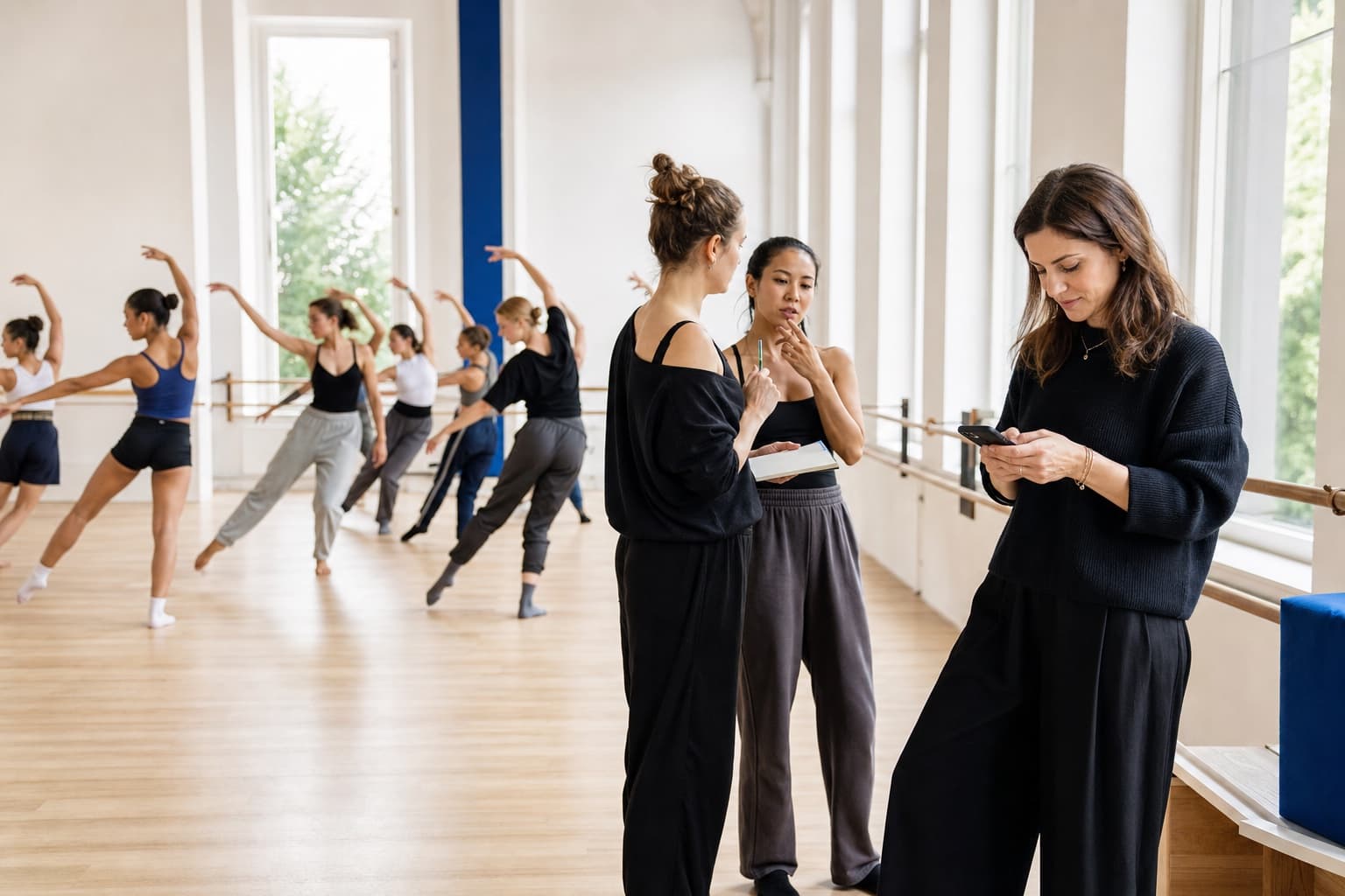 A female dance studio manager answers a message while instructors coordinate and dancers rehearse
